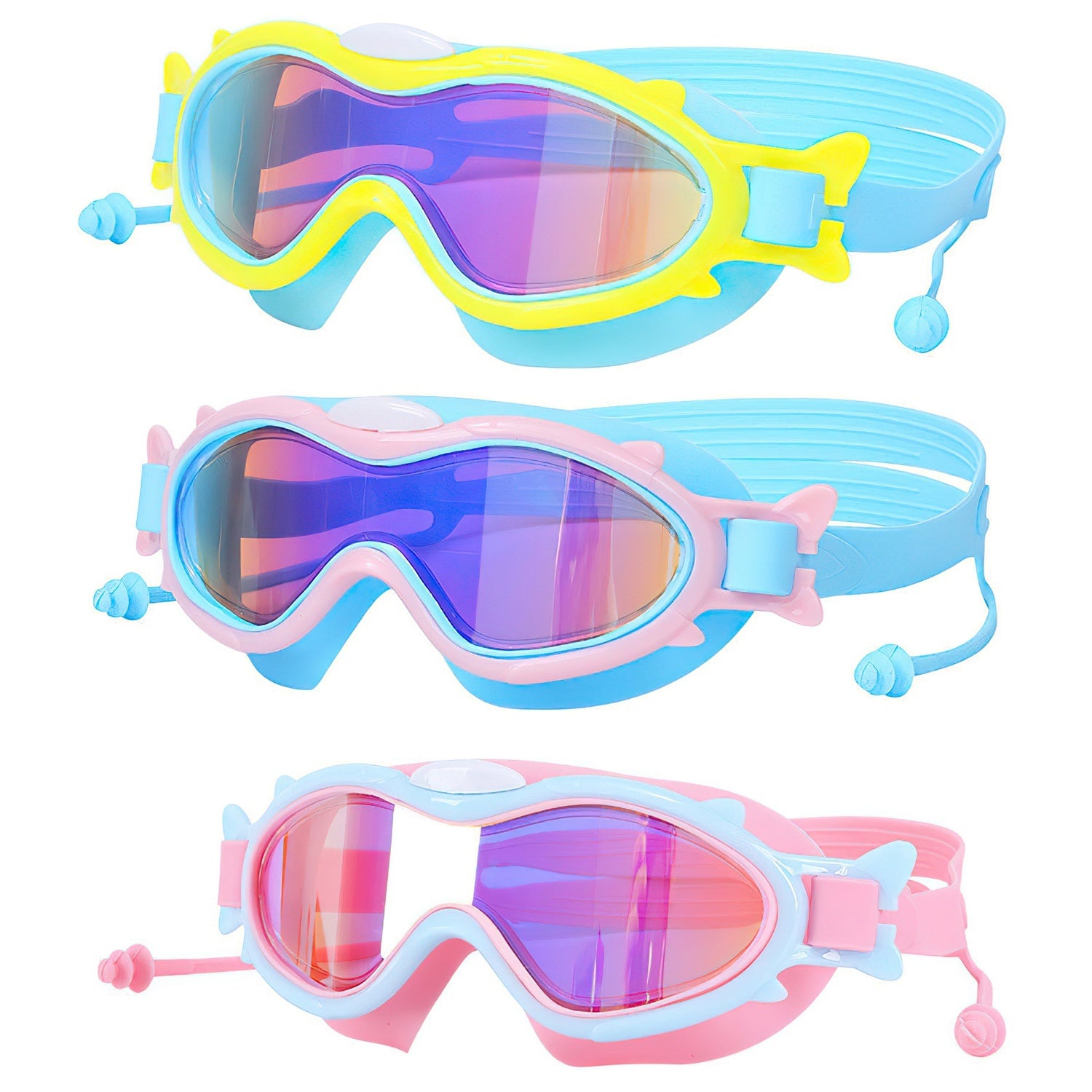 Kids Swim Goggles With Ear Plugs UV Protection Anti-Fog Leak Proof Wide View