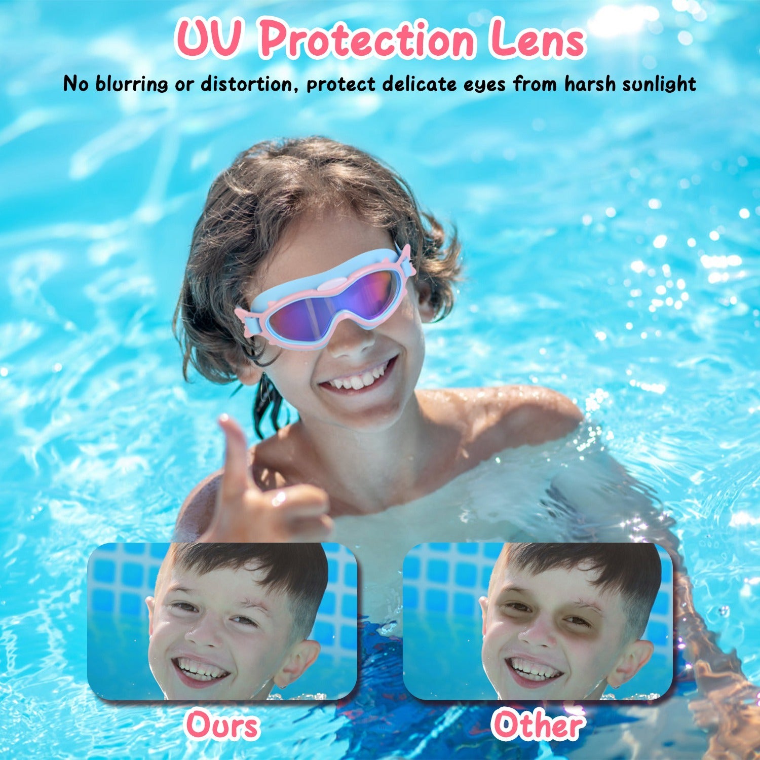 Kids Swim Goggles With Ear Plugs UV Protection Anti-Fog Leak Proof Wide View