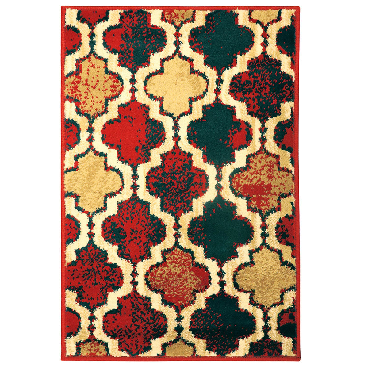 2' X 3' Red Blue Quatrefoil Power Loom Distressed Stain Resistant Area Rug-1