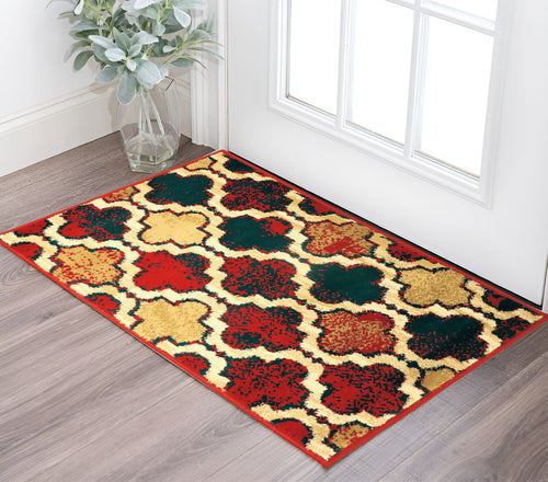 2' X 3' Red Blue Quatrefoil Power Loom Distressed Stain Resistant Area Rug-0