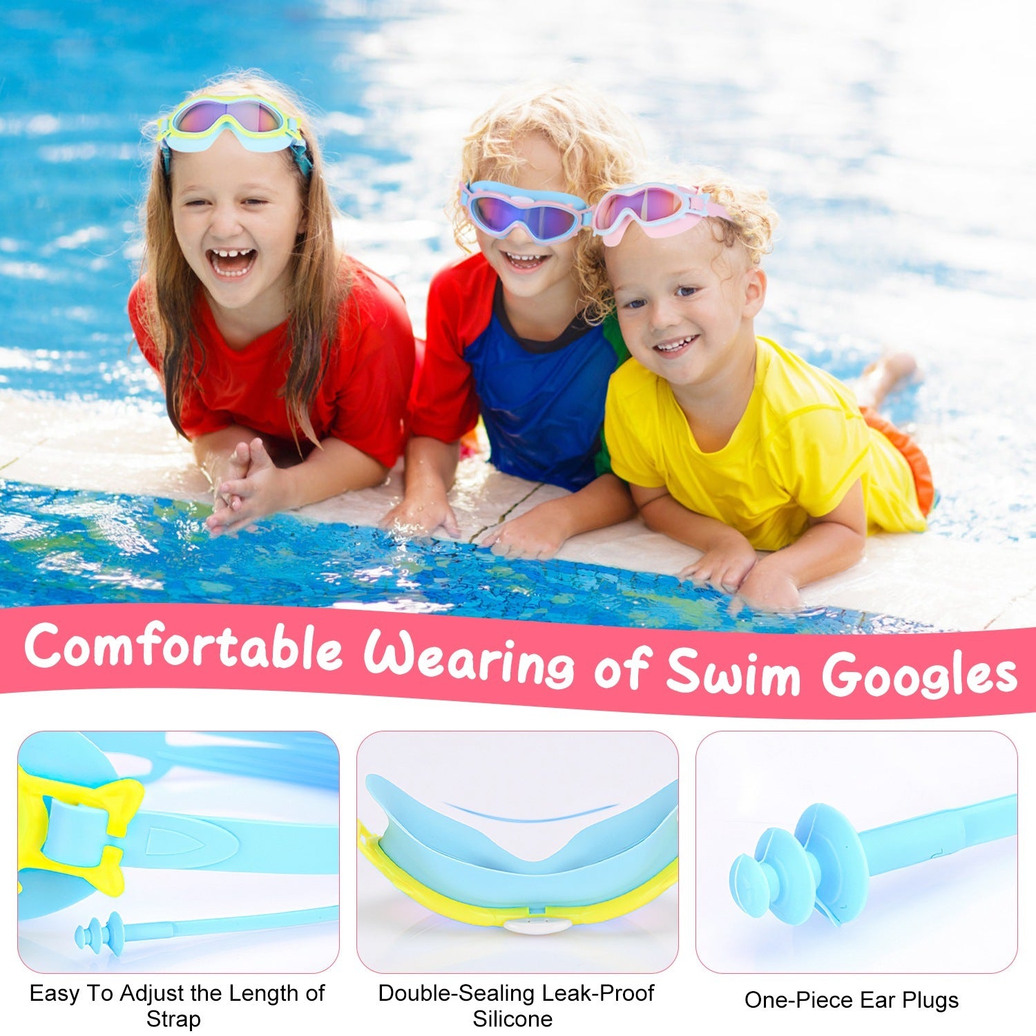 Kids Swim Goggles With Ear Plugs UV Protection Anti-Fog Leak Proof Wide View